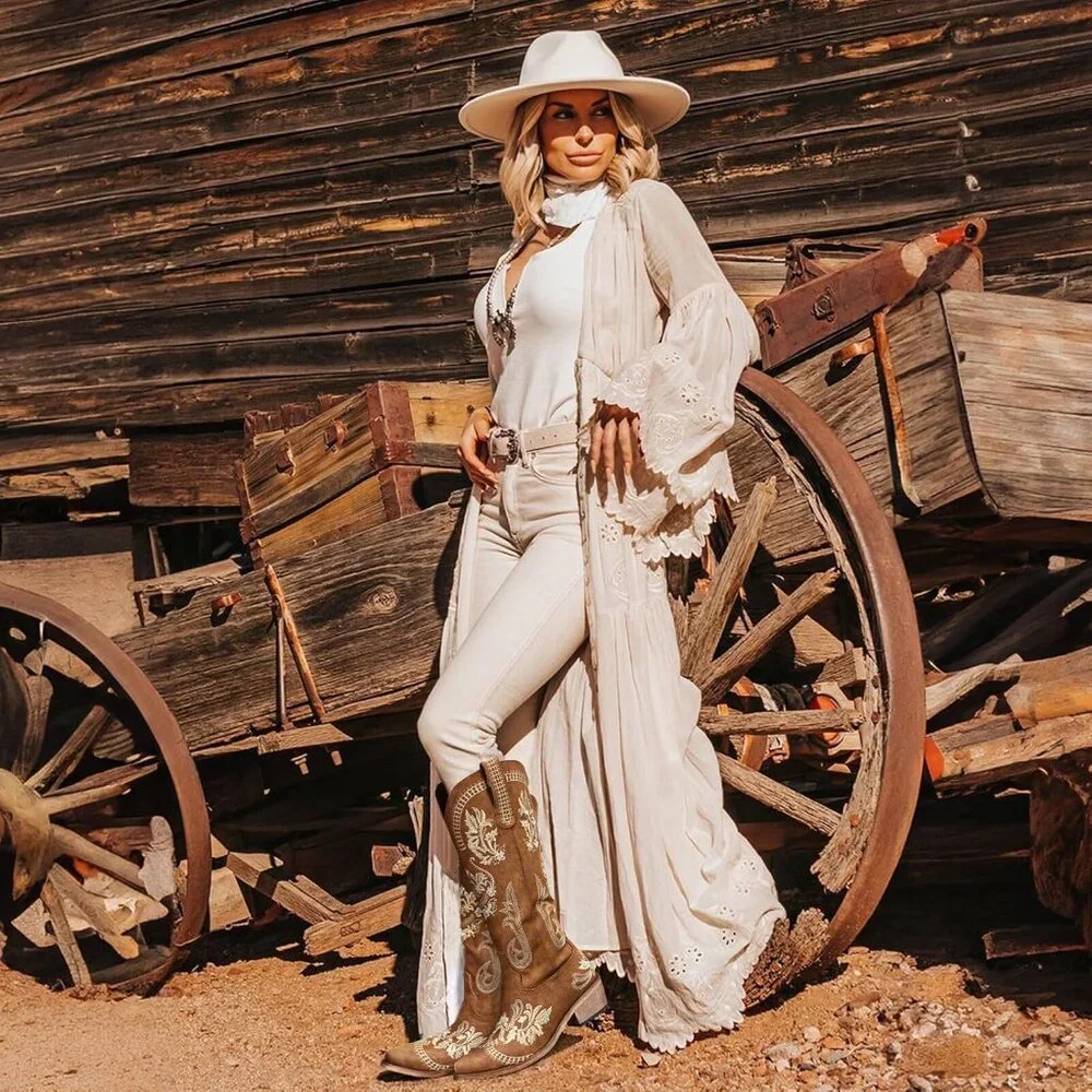 🆕Womens Brown Faux Leather Knee High Cowboy Chunky Heel Tall Western Boots - Picture 8 of 9